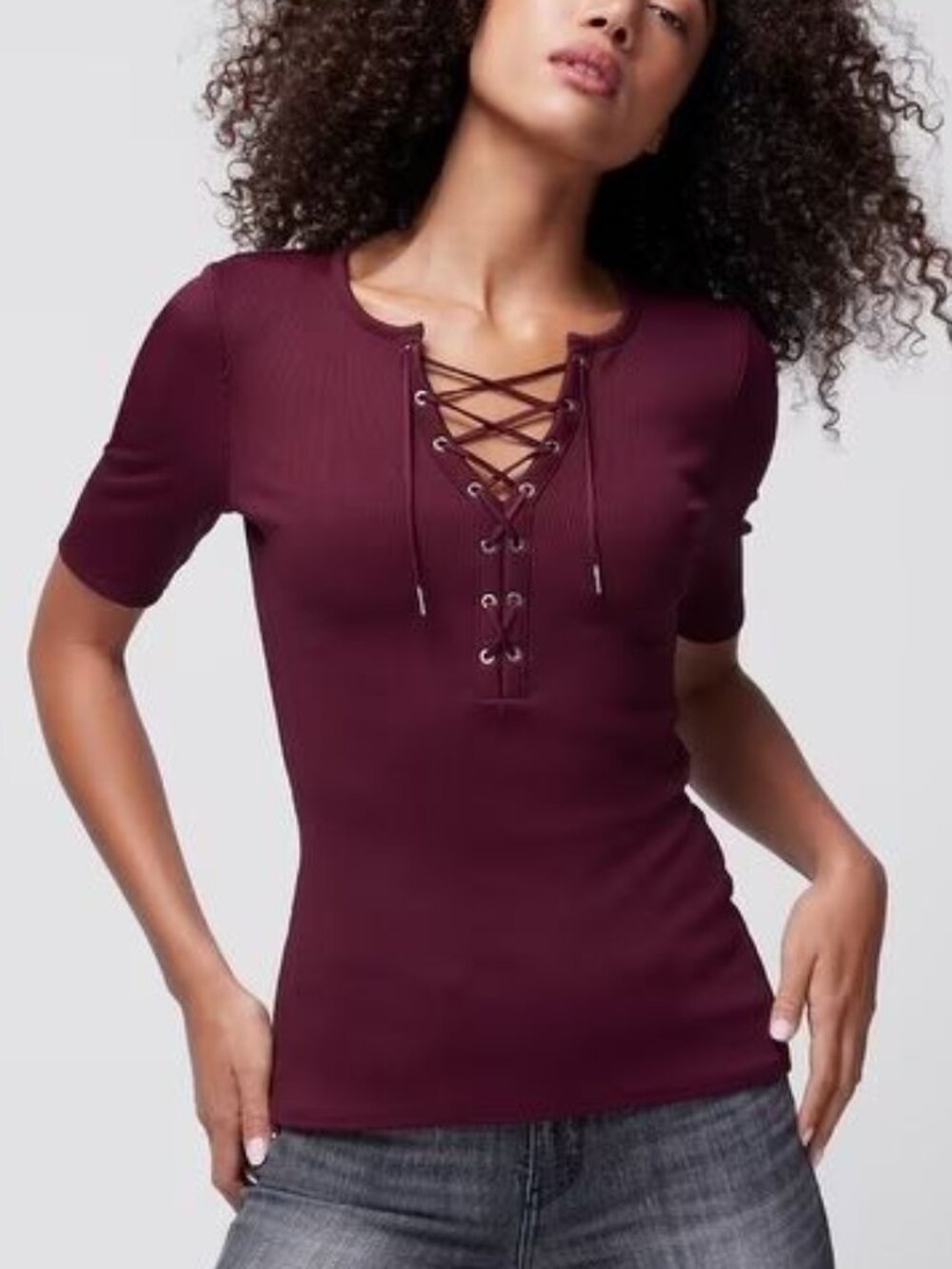 WHBM Forme Burgundy Lace-up Knit Top Short Sleeves
